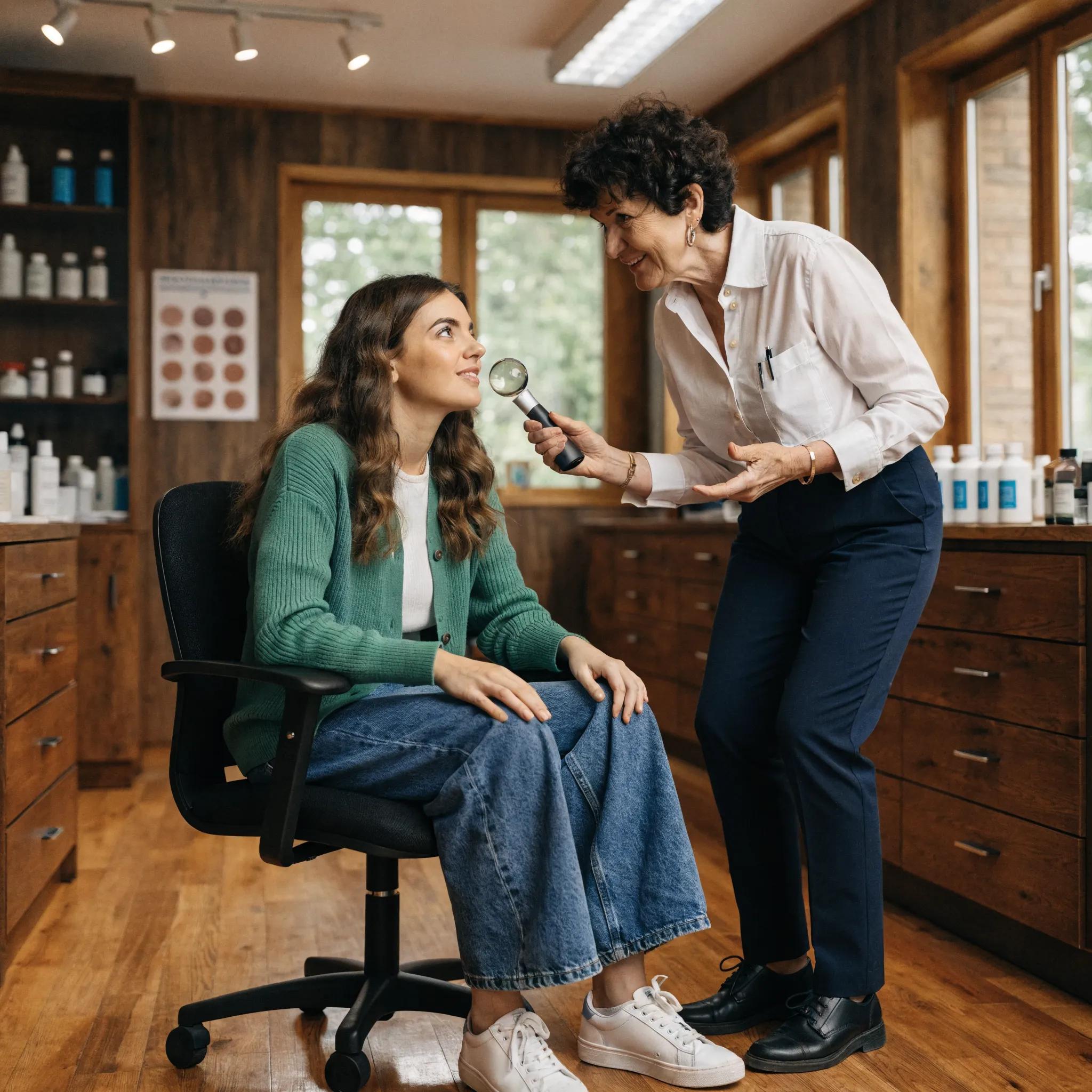 Dermatologist examining a patient's skin in a welcoming clinic environment, illustrating medical dermatology services