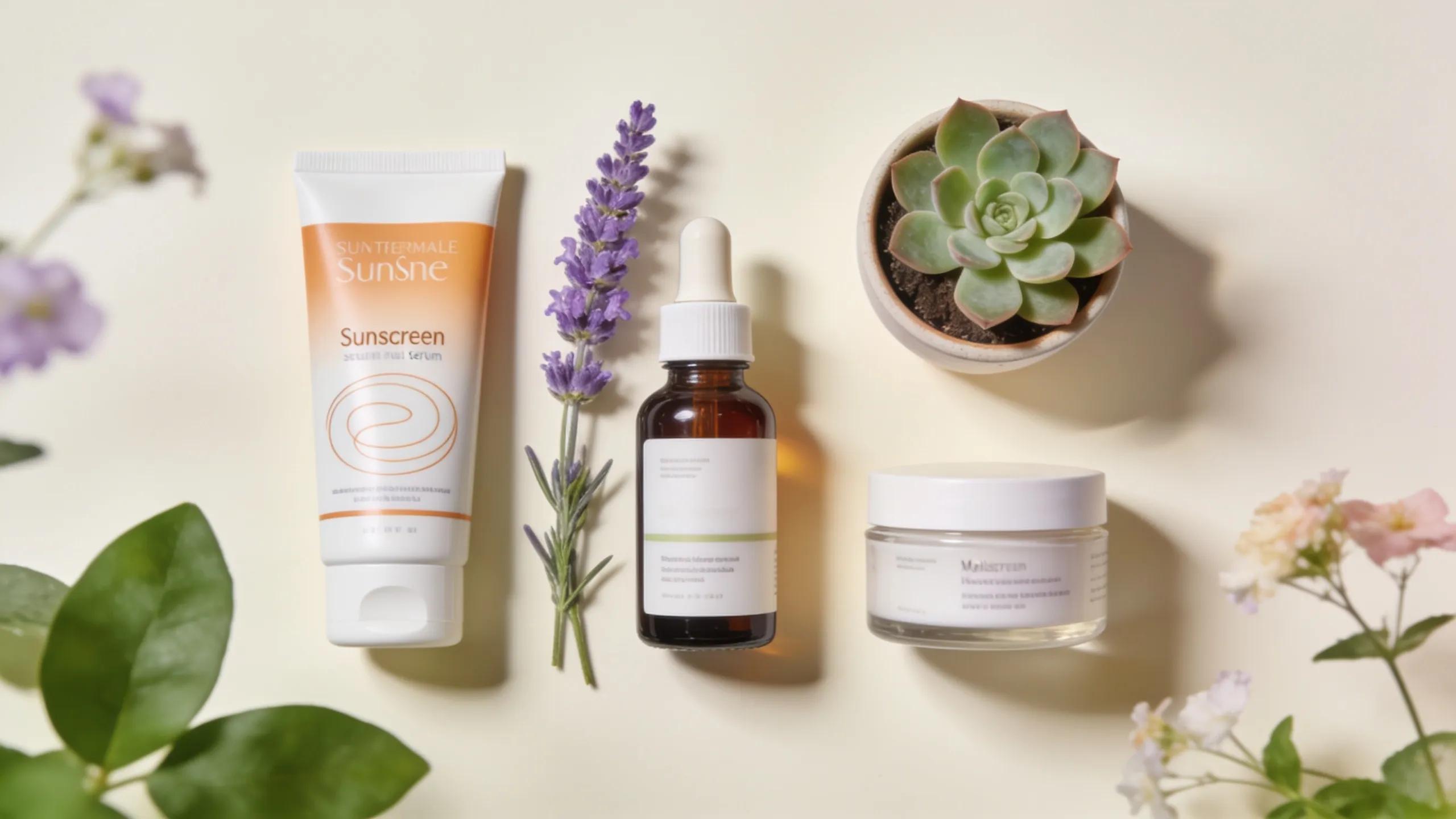 Flat lay of skincare products for preventing hyperpigmentation, emphasizing a daily skincare routine