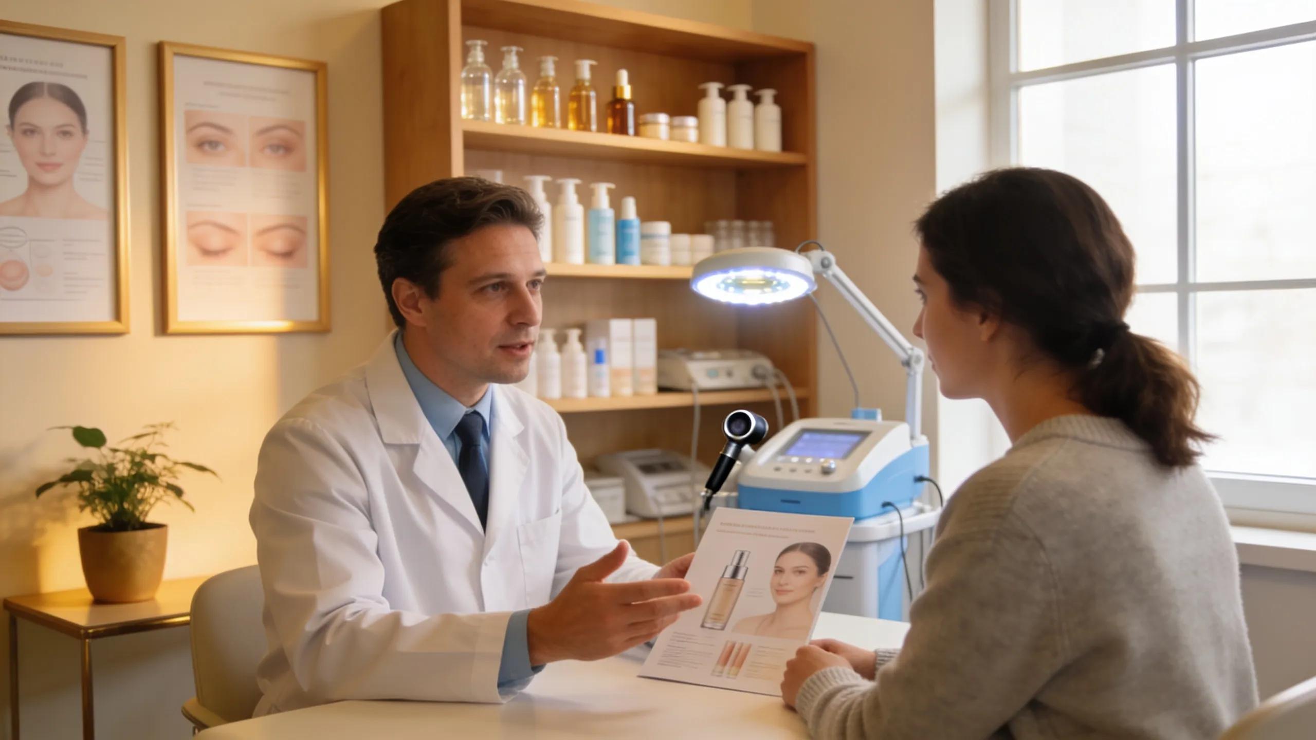 Dermatologist consulting with a patient about hyperpigmentation treatment options in a professional setting