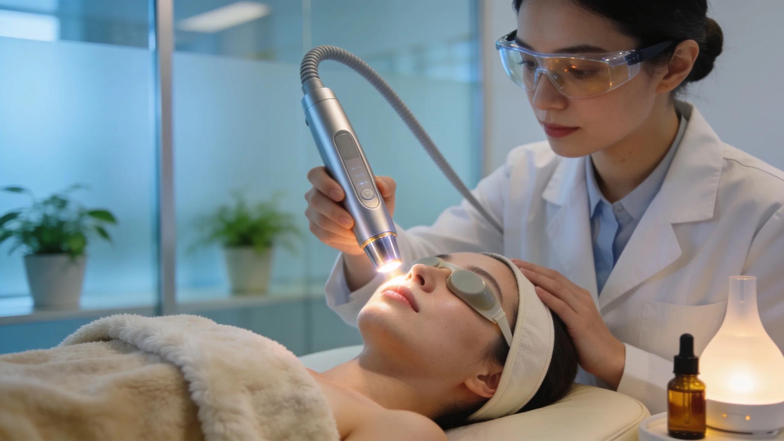 Dermatologist performing a laser treatment for hyperpigmentation in a modern clinic