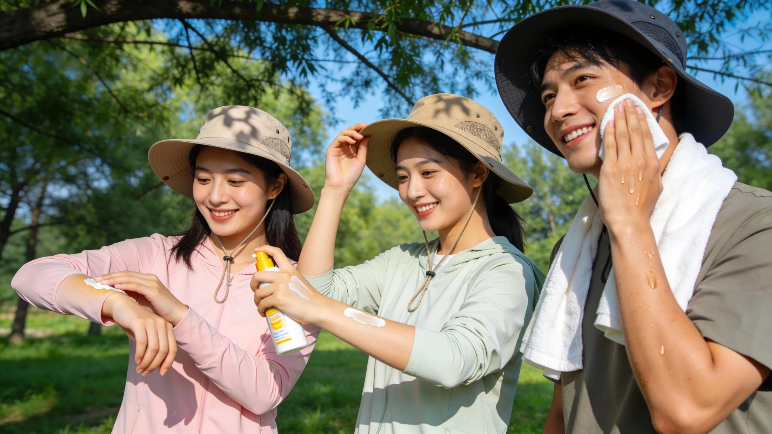Individuals applying sunscreen outdoors to prevent hyperpigmentation under the sun