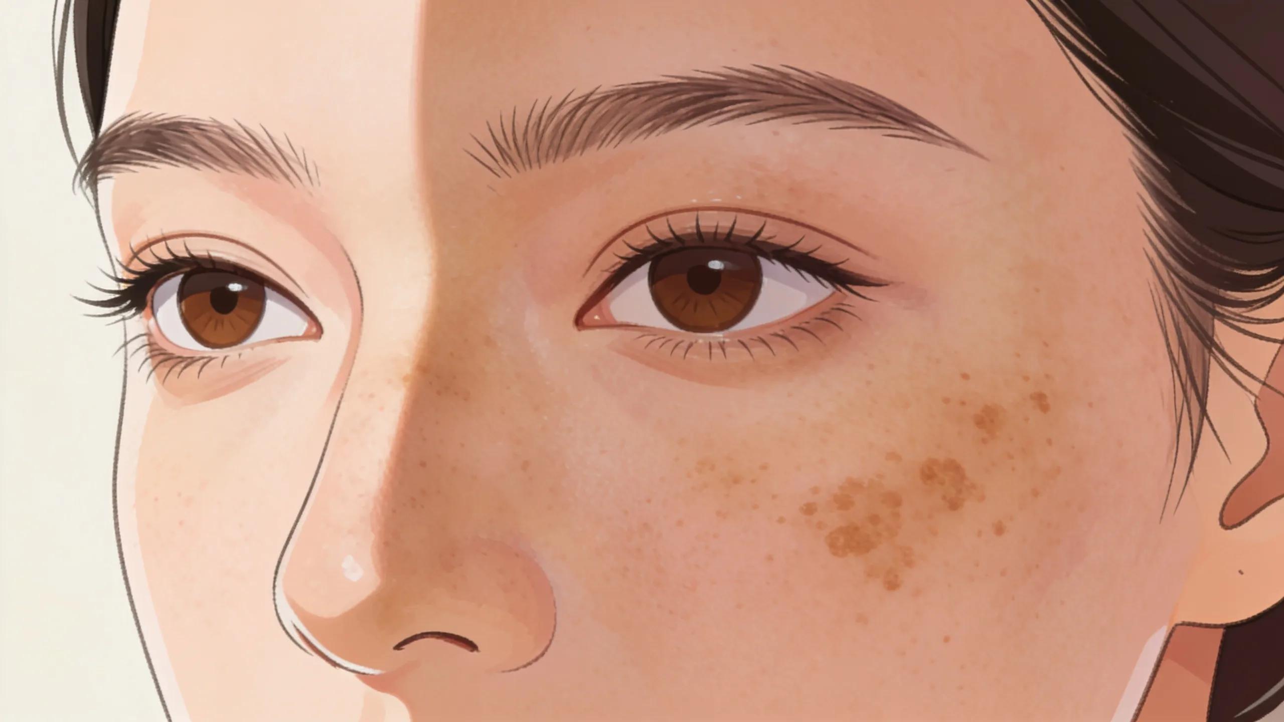 Close-up of a woman's face showing the contrast between clear skin and melasma patches