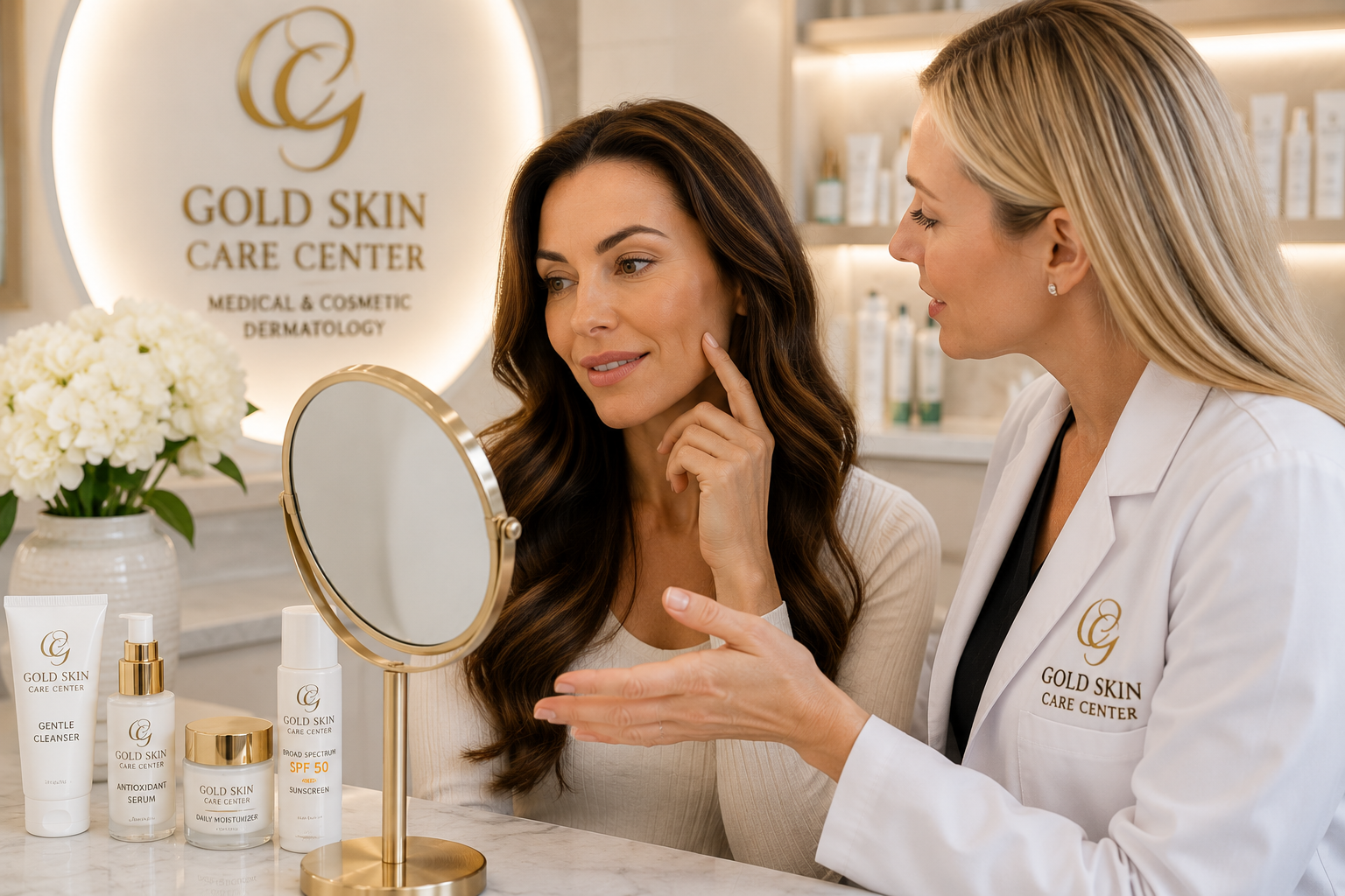 Dermatologist consulting with a patient about a personalized skincare routine and healthy skin care practices in Nashville, TN.