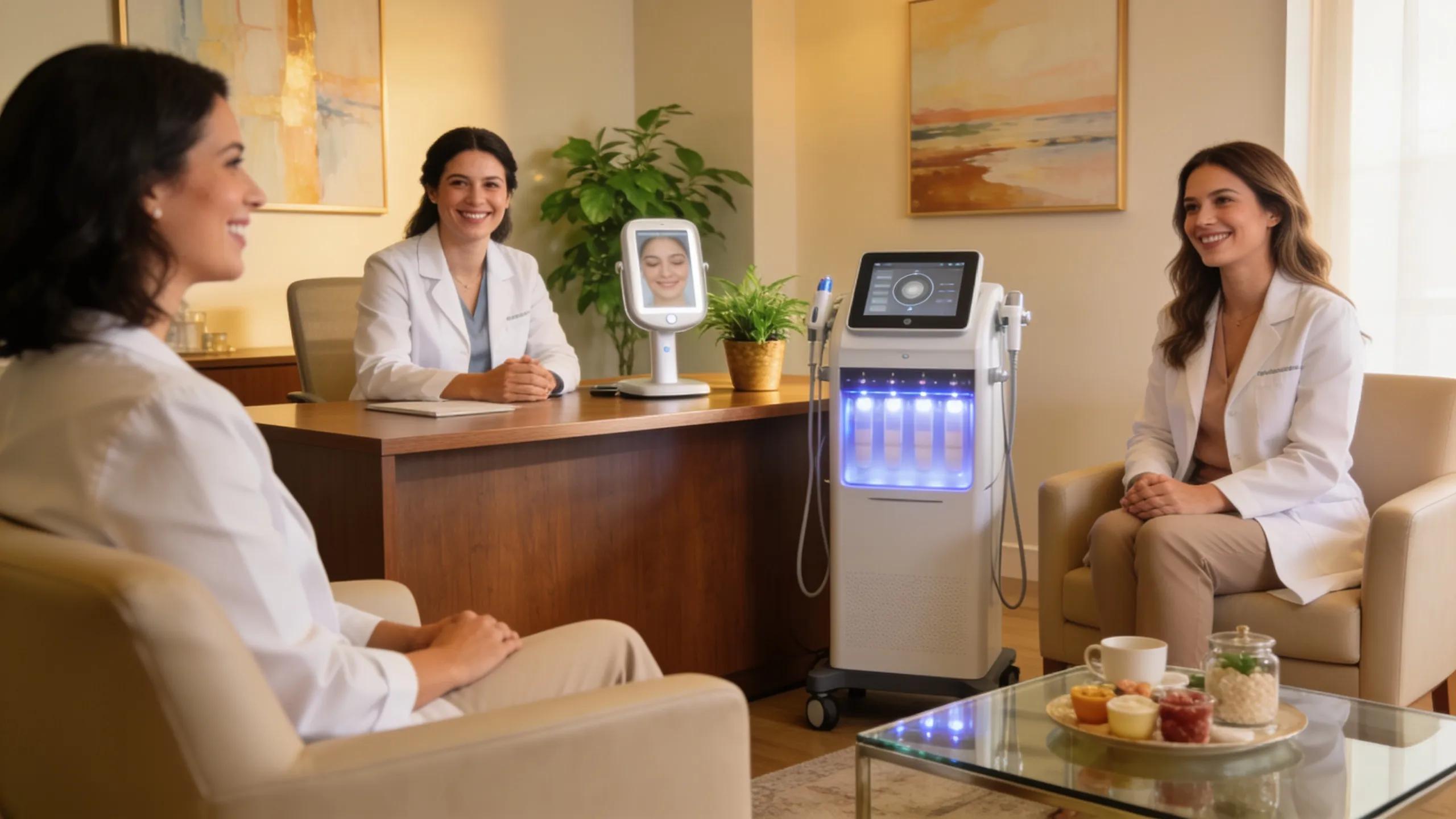 Welcoming cosmetic dermatology clinic with patients and dermatologists interacting in Nashville