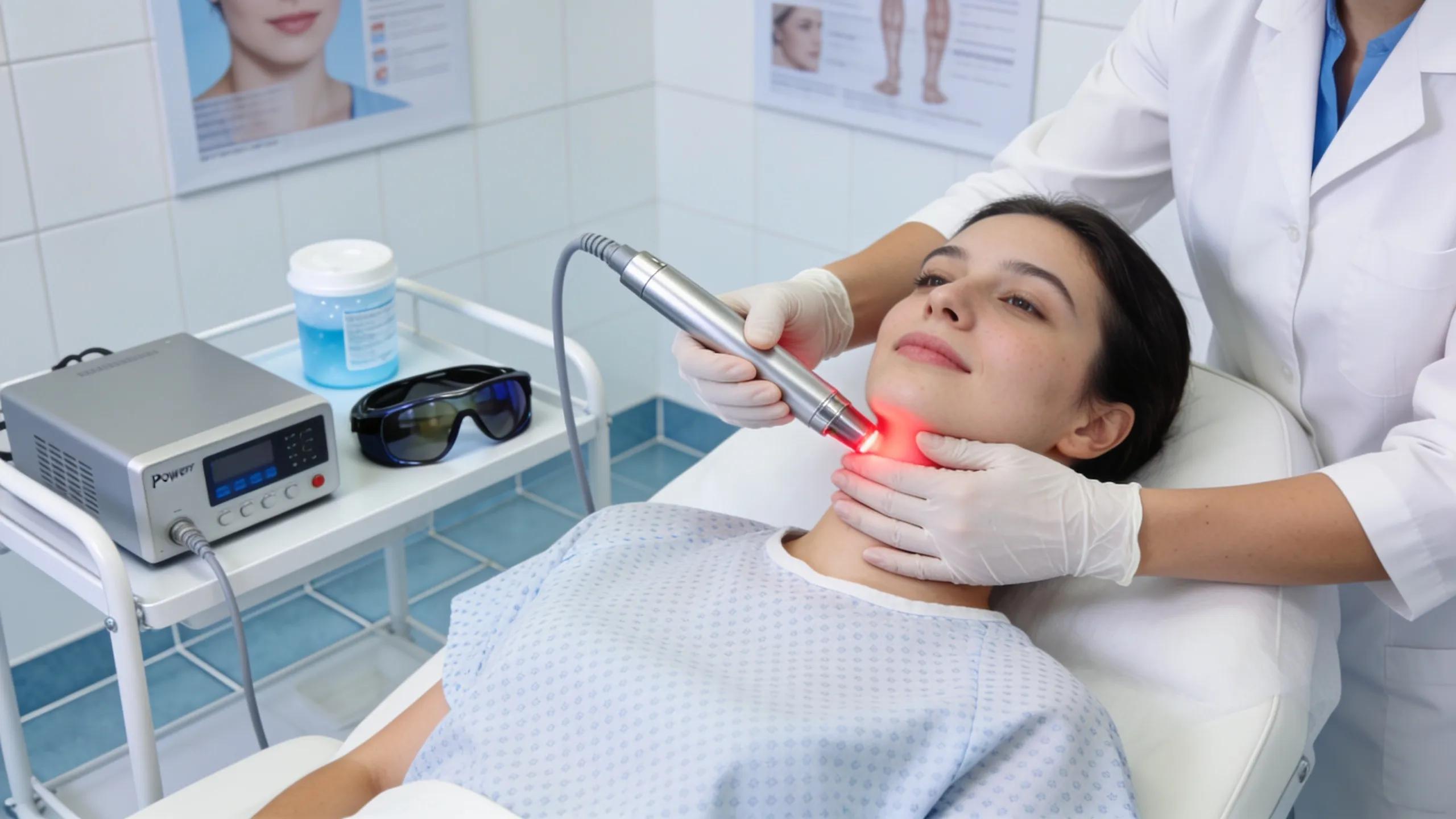 Patient receiving laser therapy for hyperpigmentation from a professional in a clinical setting