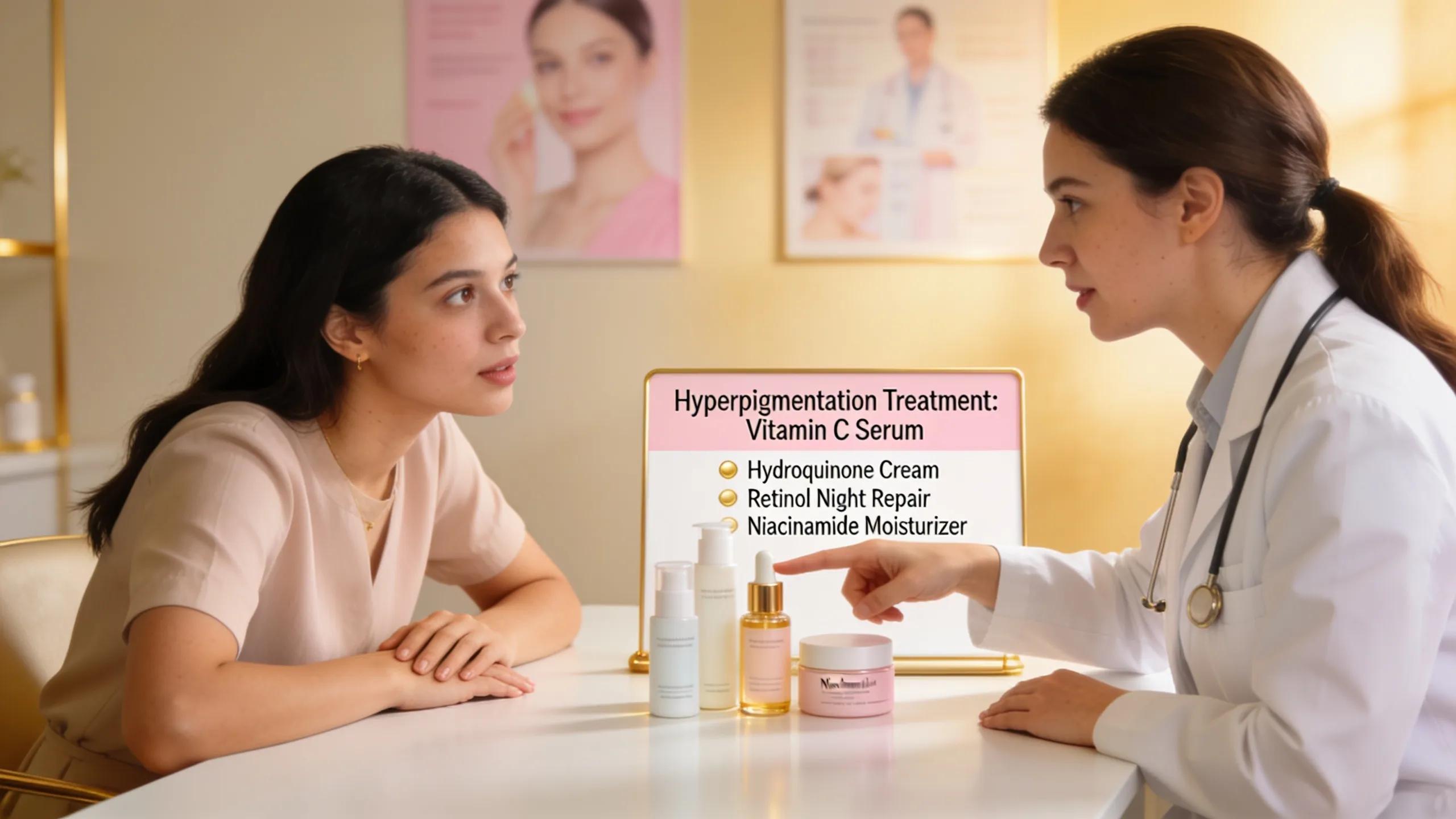A dermatologist explaining hyperpigmentation treatments to a patient with various skincare products on the table