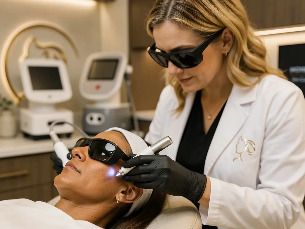 Dermatology laser device being used on a patient's skin