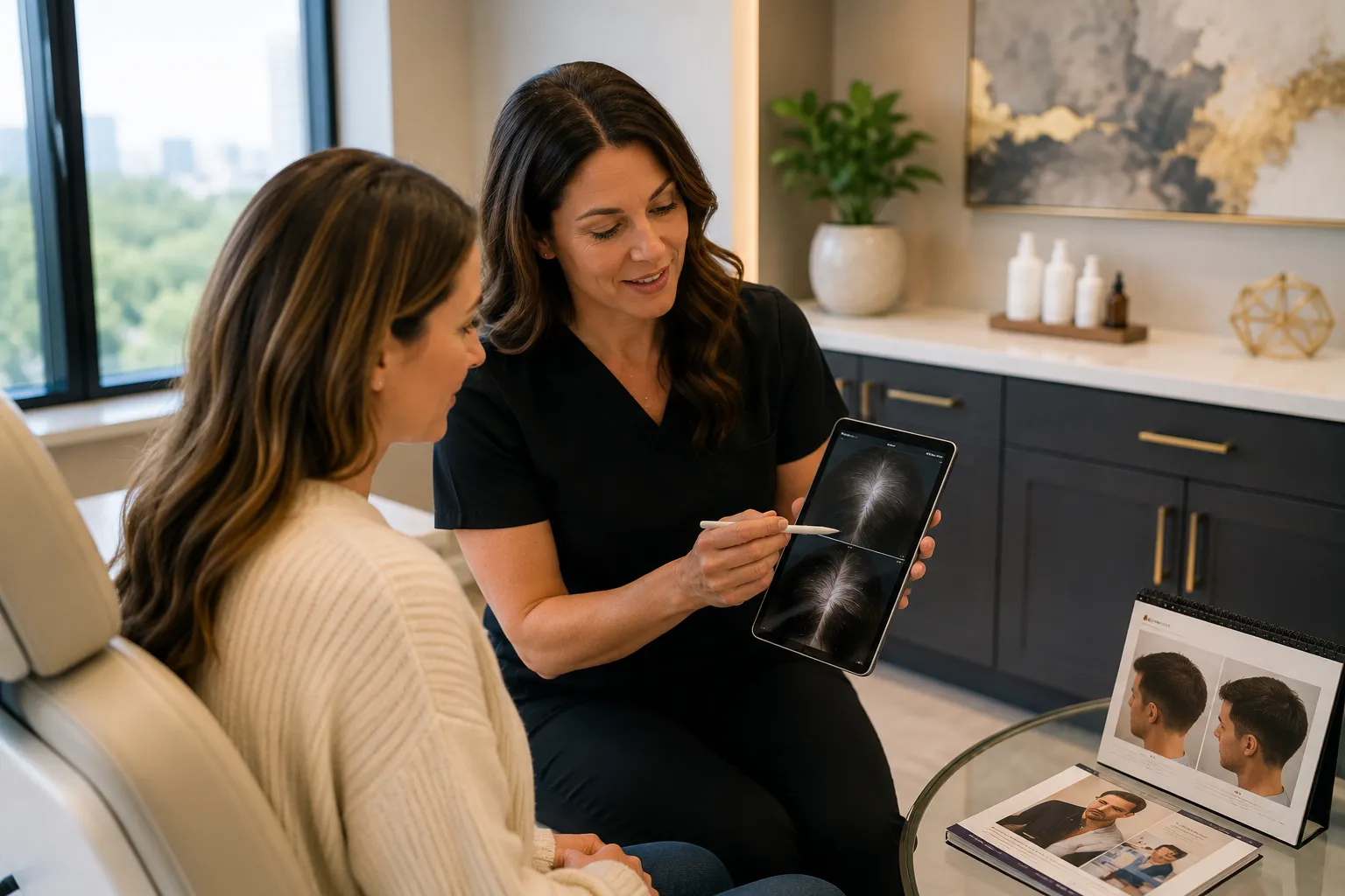 Hair restoration provider reviewing scalp images with a patient during a personalized hair replacement consultation in Nashville.