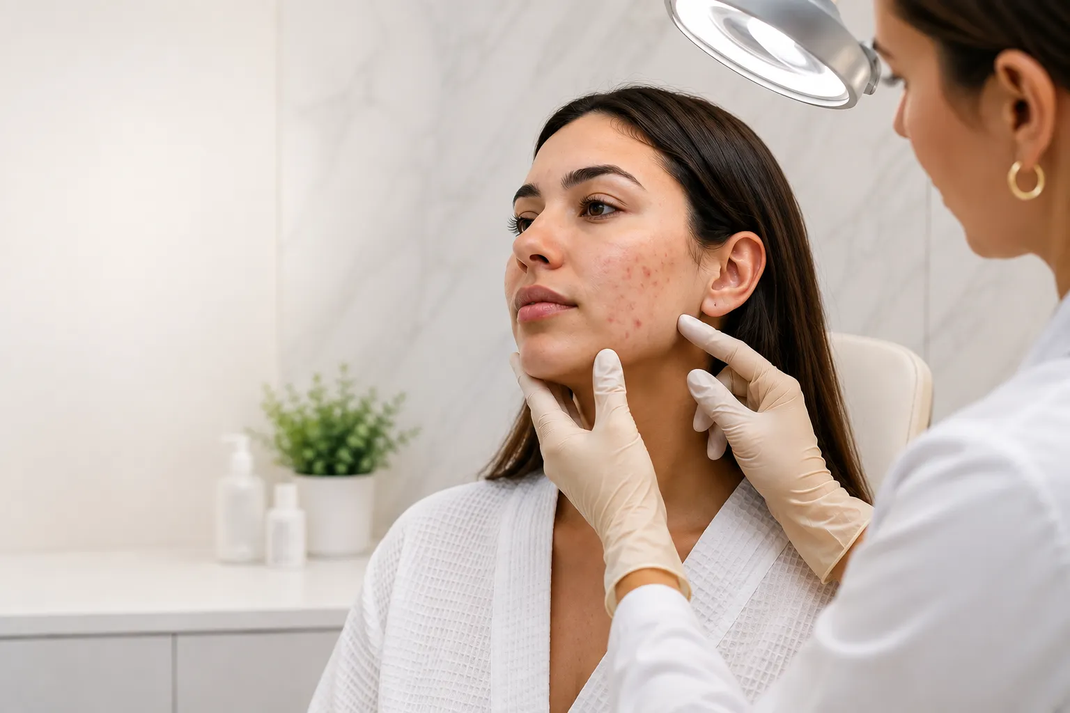 Dermatology provider examining a patient with facial acne during a personalized acne treatment consultation in Nashville.