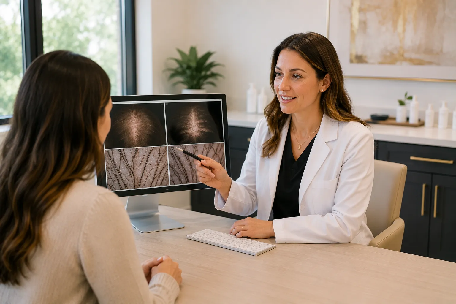 Dermatology provider reviewing scalp and hair follicle images with a patient during a hair restoration consultation in Nashville.