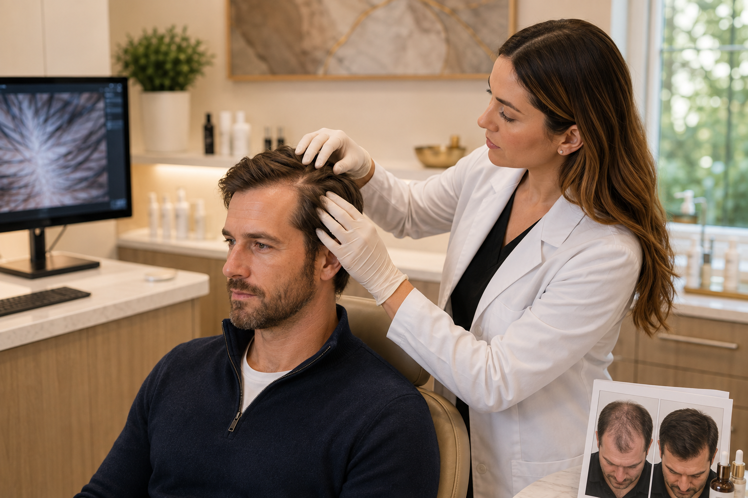 Dermatology provider examining a male patient&rsquo;s scalp and hairline during a personalized hair restoration consultation in Nashville.
