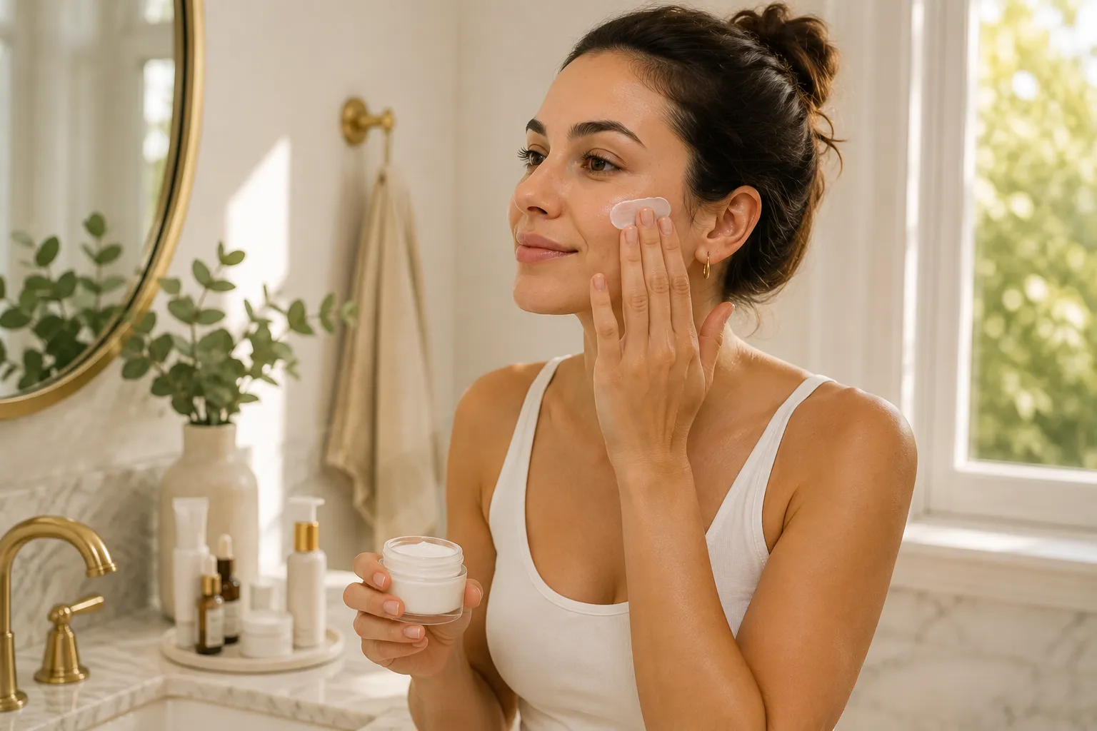 Woman applying facial moisturizer as part of a daily skin care routine for maintaining healthy skin in Nashville.