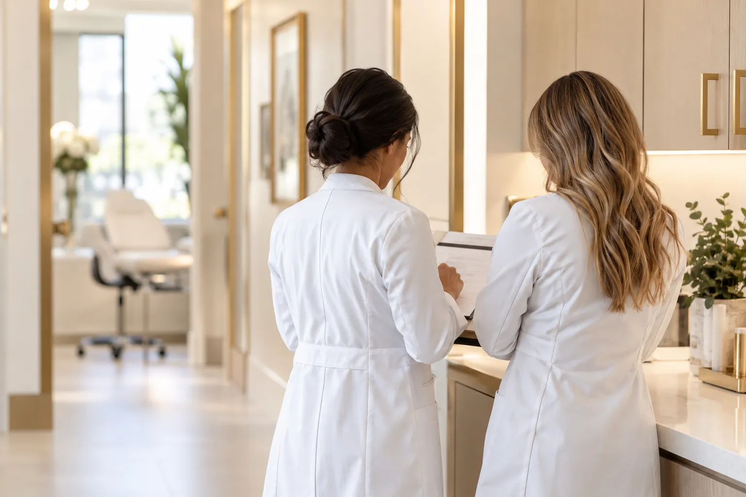 Dermatology providers reviewing a patient chart together at a Nashville practice