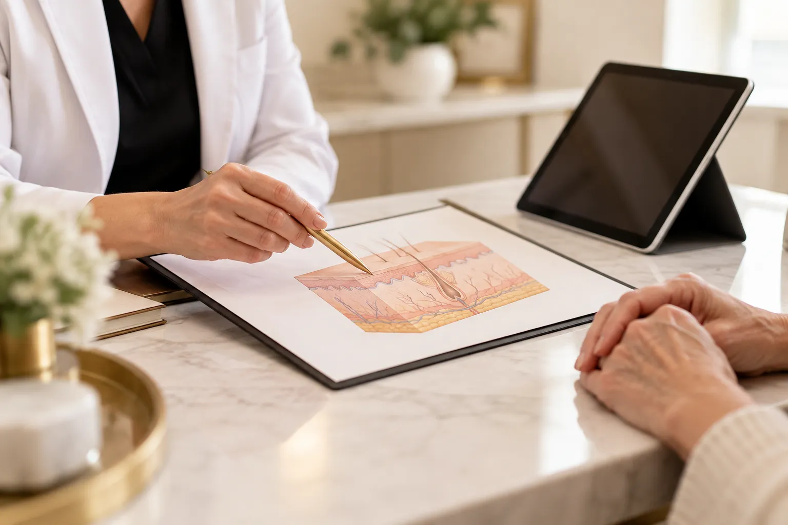 Dermatology provider explaining skin cancer treatment options to an older patient
